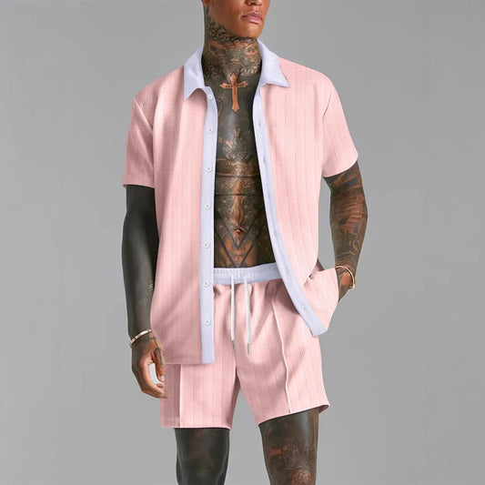 Summer Men's casual suit patchwork transparent lapel short-sleeved shirt & Shorts Stylish and comfortable two-piece streetwear