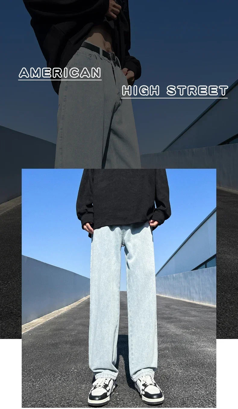 Men's Jeans Spring Autumn Extend Straight Vintage Blue Casual Baggy Jeans Korean Trousers Classic Wide Leg Fashion Denim Pants