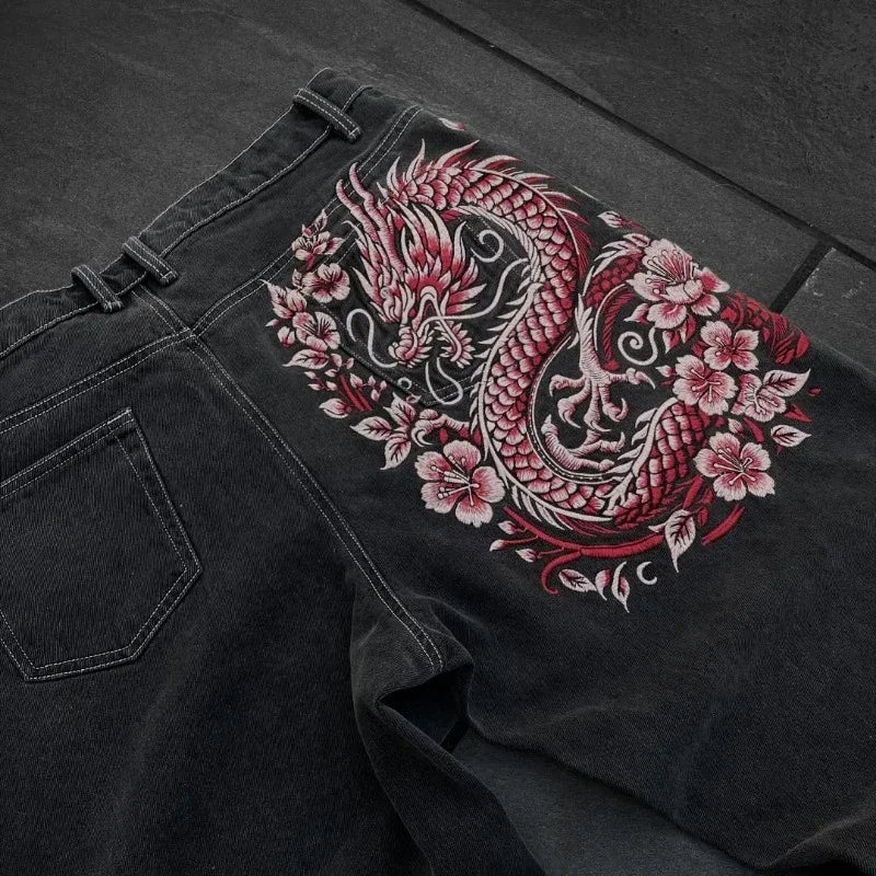 Y2K New American Retro Hip-Hop Cherry Blossom Dragon Print Loose Jeans For Men and Women Gothic Hip-Hop Casual Joker Street Wear