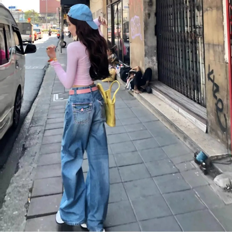 Embroidery Baggy Jeans Women Clothing Street Fashion Vintage Hip Hop Jeans Woman Casual Wide-leg Y2k Pants High Waited Jeans