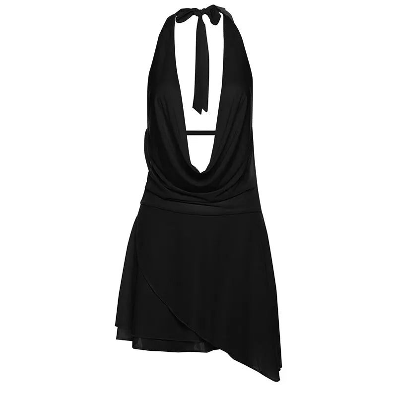 Summer Mini Dresses Fashion Women Solid Sleeveless Sexy Backless Low Chest V-Neck Halter Dresses Casual Streetwear Female Dress
