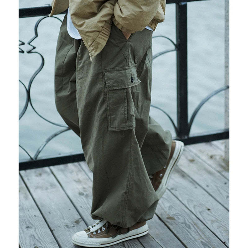 Multi-Pocket Cargo Pants Men's Casual Solid Straight Baggy Wide-leg Cropped Trousers Men Ankle-length Jogger Pants Harem Pants