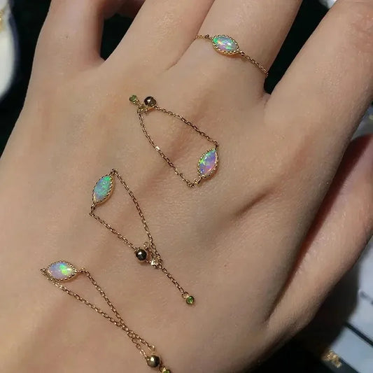 Romantic and creative color opal stone oval chain ring adjustable light luxury new in High quality delicate silver jewelry