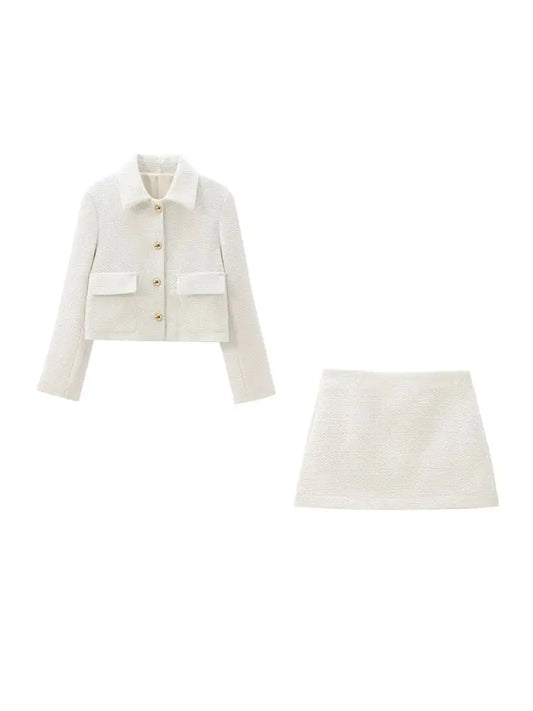 TRZA Women Fashion With Pockets Tweed Jacket Coat And High Waist Side Zipper Mini Skirt Female Two Piece Sets Mujer