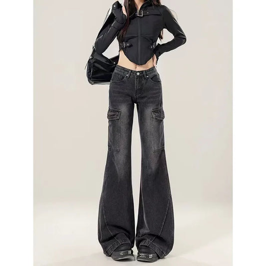 Black and Gray American Hottie Jeans for Women 2025 New Autumn and Winter Slim Work Pants Woman Clothing Baggy Women's