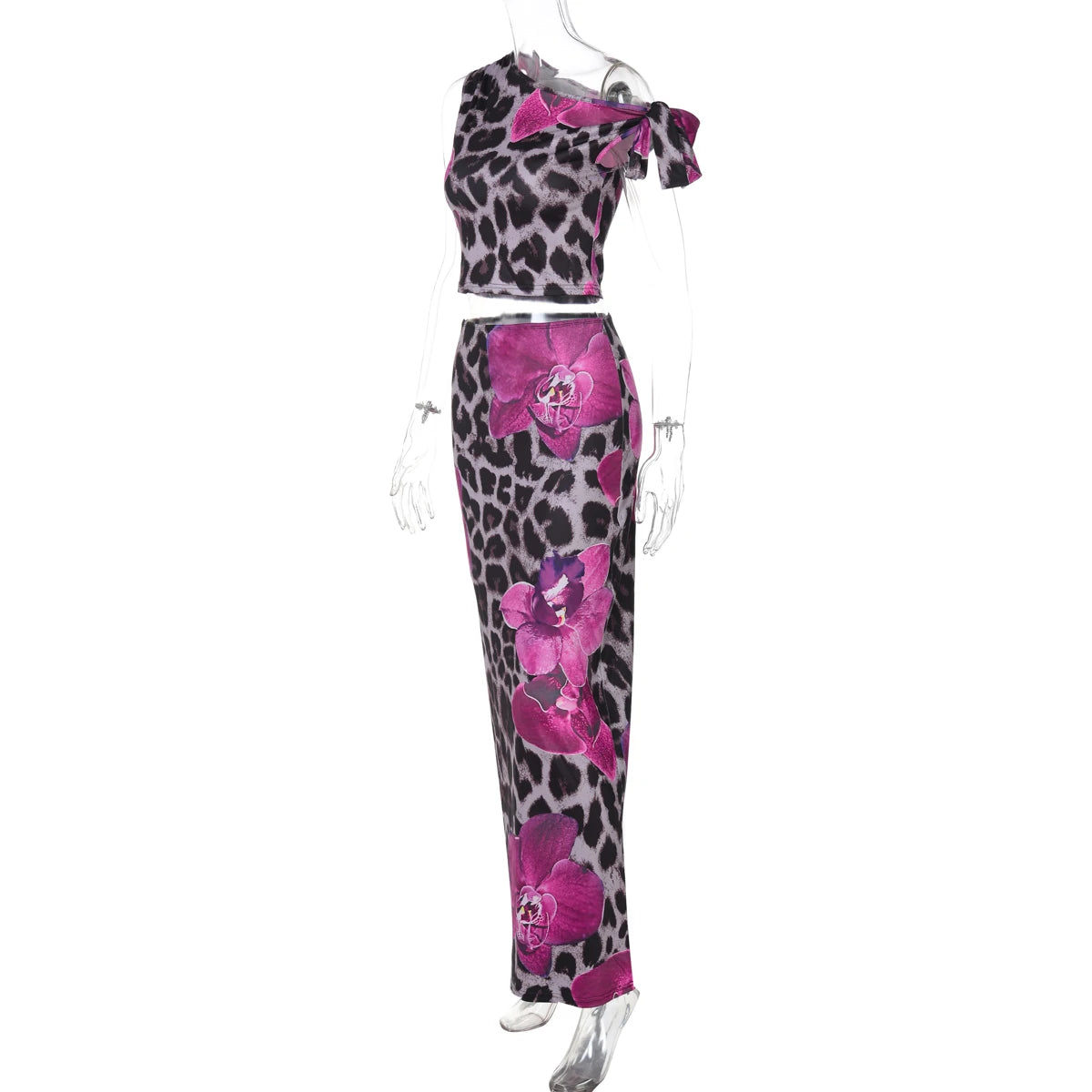 Dulzura Leopard Sexy Elegant Casual 2 Piece Skirt Set Sleeveless Bodycon Lace Up Tank Top Maxi Skirt Matching Set Party Clubwear