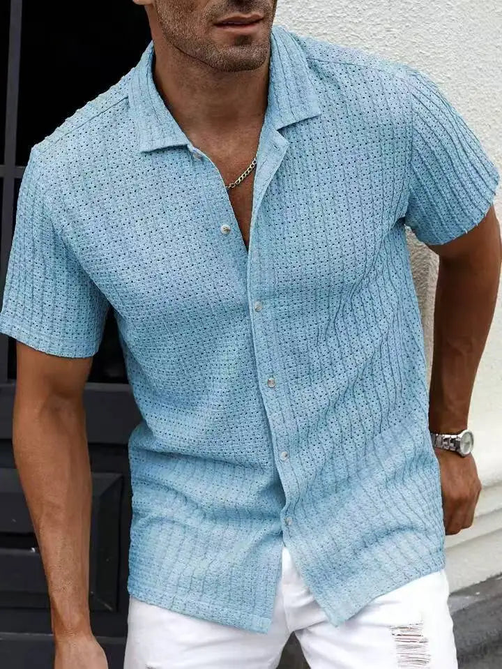 Men's Casual Knit Shirt Summer New Solid Color Turn-down Collar Hollow Breathable Short Sleeve Top
