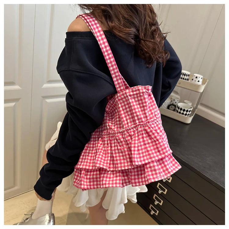 Korean Sle Large Capaci Canvas Tote Bag Blue Plaid Single oulder Skirt Pleated Gown Bag Faionable Casual Handbag