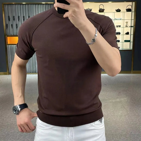 British Fashion Summer High Elastic Slim Round Neck Short Sleeve T-shirt Men's Solid Patchwork Smart Casual Versatile Cotton Top