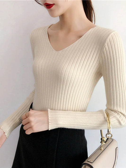 2025 V Neck Women Autumn Winter Sweaters Slim Knitted Pullovers Soft Warm Solid Jumper Female Sweater Casual Knitwear Jersey Top