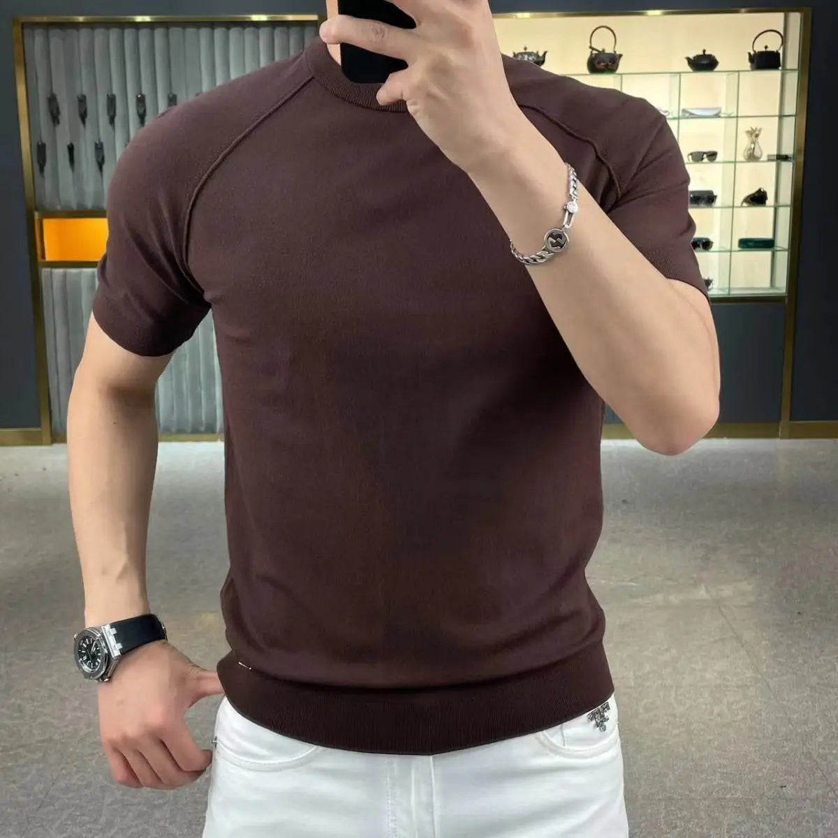 British Fashion Summer High Elastic Slim Round Neck Short Sleeve T-shirt Men's Solid Patchwork Smart Casual Versatile Cotton Top