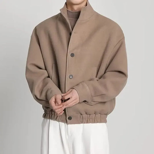 Autumn Winter Men's Fashion Stand Collar Jacket Woolen Coat British Style Baseball Design Workwear Thin Model Summer Suitable