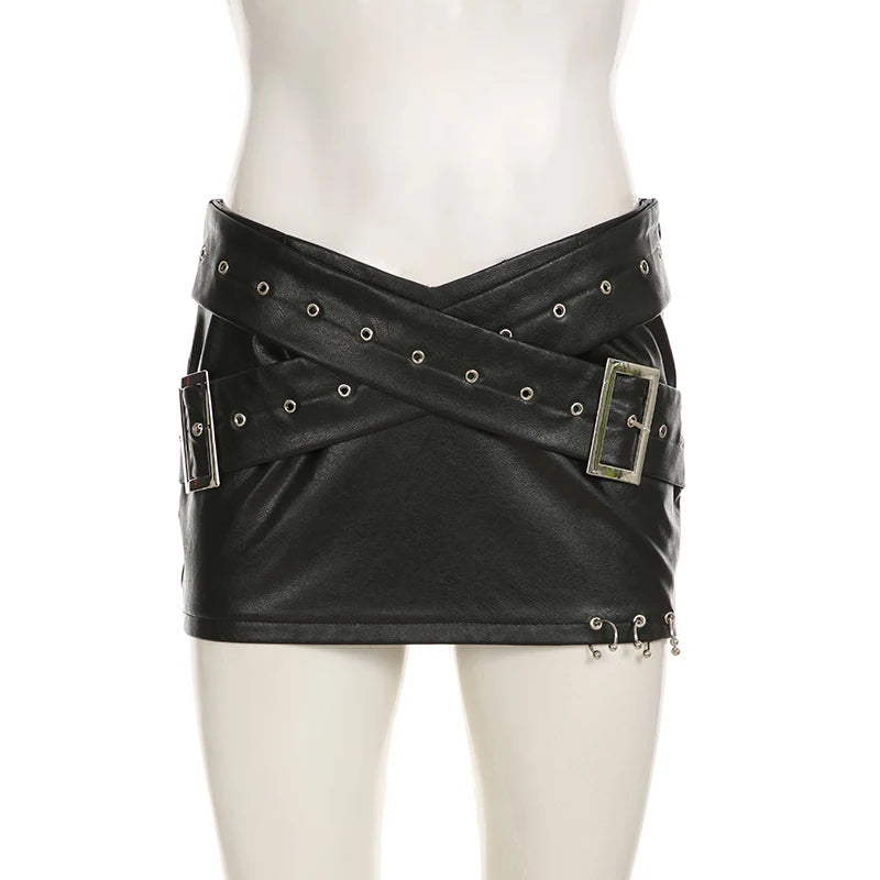 IAMSURE Dark Pu Leather Bodycon Skirt Sexy Slim Low-Waisted Super Mini Skirts Women 2024 Summer Fashion Streetwear Punk Style