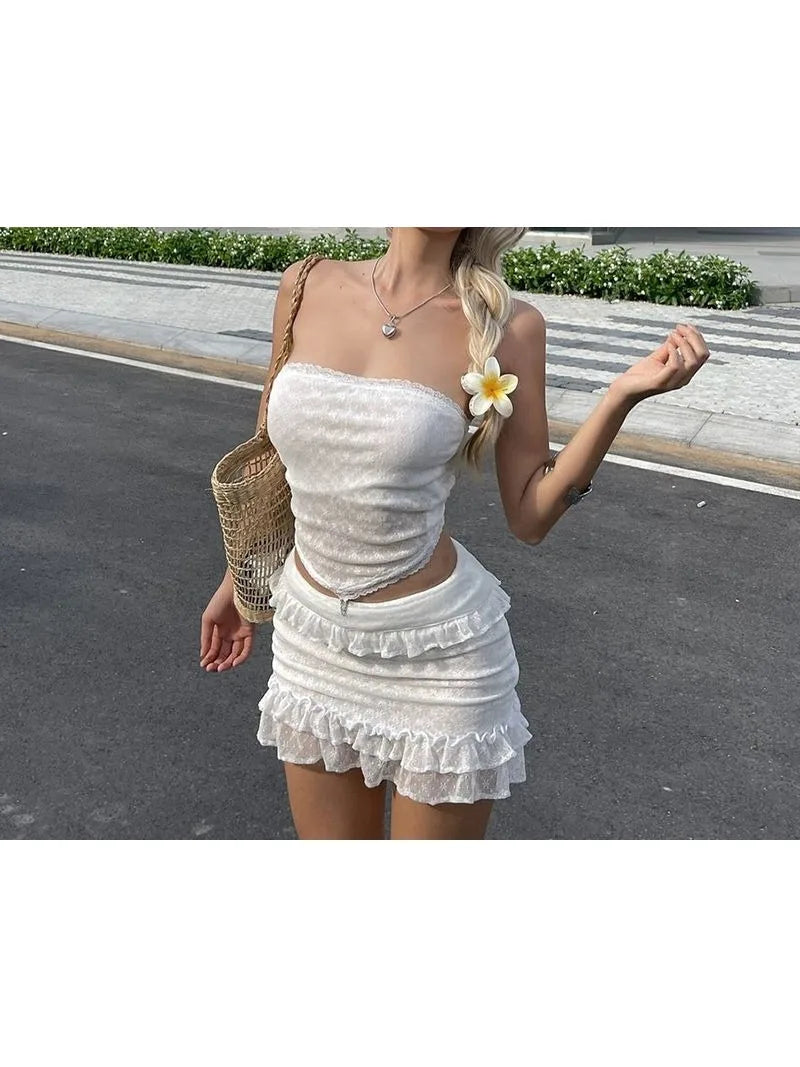 2025 Summer Outing Vacation Sexy Pure Desire Textured Strapless Low-waisted Lace Layered Short Dress Set