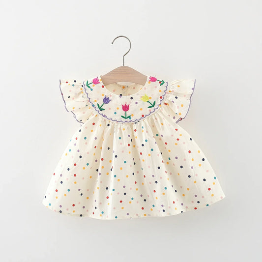 Girls Summer New Short sleeved Dress with Flower Embroidery Colorful Dot Doll Princess Neck Dress 0-3 Years Old