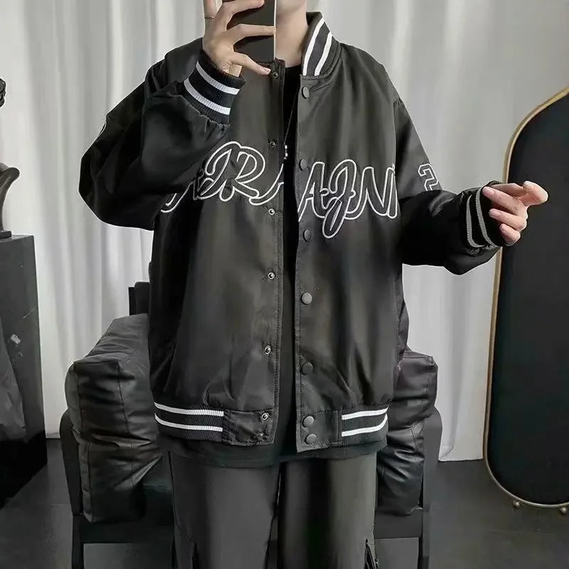 Men's High-end Feel Baseball Jacket New Spring Autumn Style Embroidered Fighter Pilot Pu Leather Patchwork Color Blocking Top