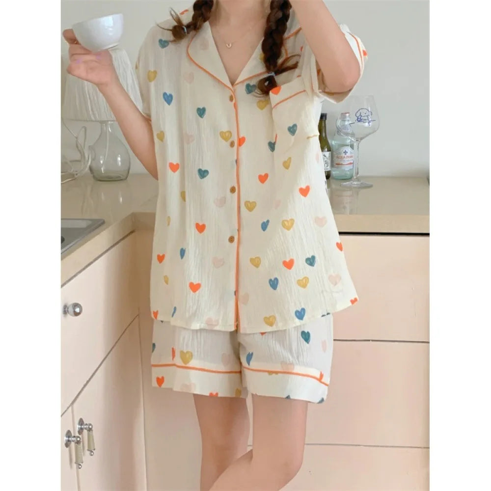 Women's Pajamas Sets Spring Summer 2 Piece Print Pyjama Buttons Down Sleepwear Pocket Short Sleeve Pijama Mujer Pjs Homewear