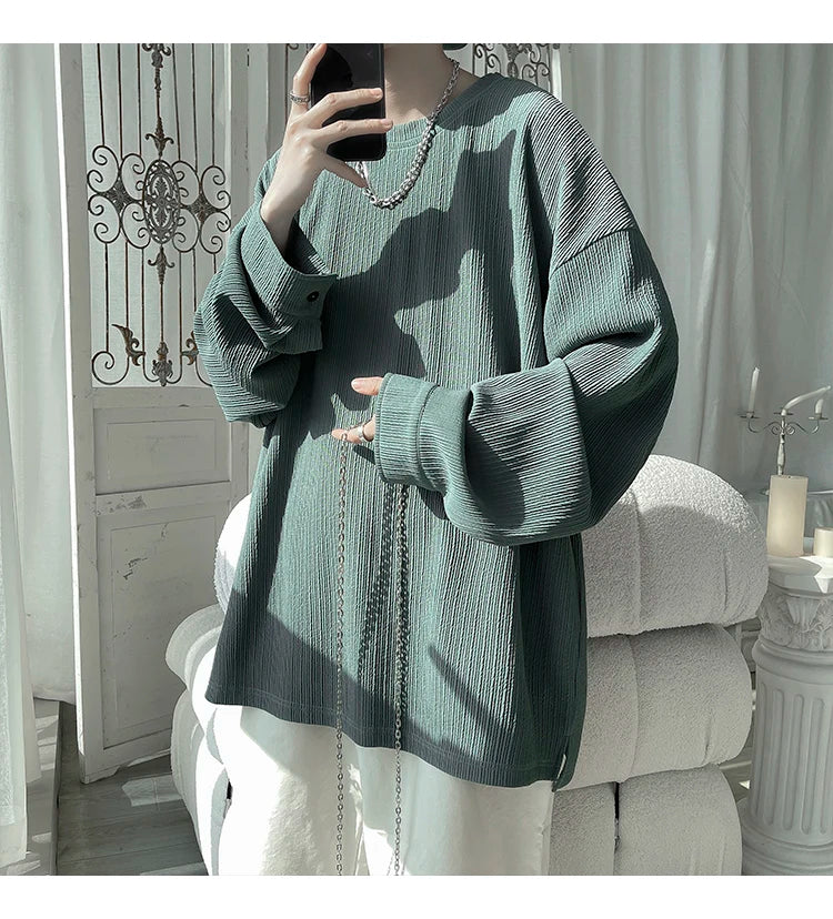 2024 Spring Autumn Casual Long Sleeve T Shirts Men Loose Round Neck T-shirts Male Fashion Harajuku Korean Streetwear Tops Tees