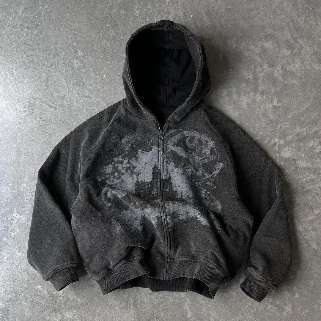 British Gothic Punk Style Printed Star Patch Embroidery Mens and Womens Hooded Cardigan Harajuku Retro Oversized Bat Sleeve Top