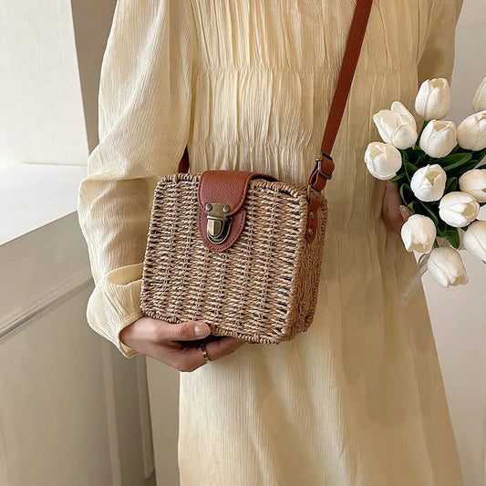 Hand-woven Women Straw Bag Ladies Shoulder Bags Beach Travel Crossbody Bag Female Small Rattan Box Handbag Shopper Totes Bohemia