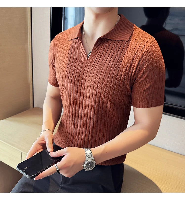 Men Striped Polo Shirt 2025 Summer Light Thin Breathable Solid Casual Elastic Slim Fit Short Sleeved V-neck T-shirt Men Clothing