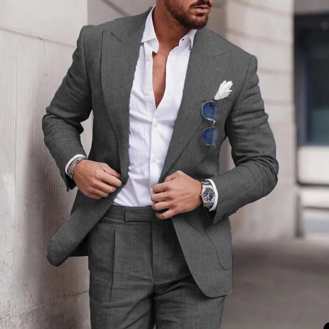 Fashion Linen Suits for Men High Quality Peak Lapel Double One Button Male Suit Slim Chic Casual Wedding Tuxedo 2 Piece Costume