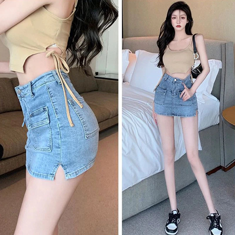 Xpqbb Denim Short Skirt for Women Korean Style High Waist Pockets Cargo Mini Skirt Female Sexy Skinny Anti-Glare Bodycon Skirts