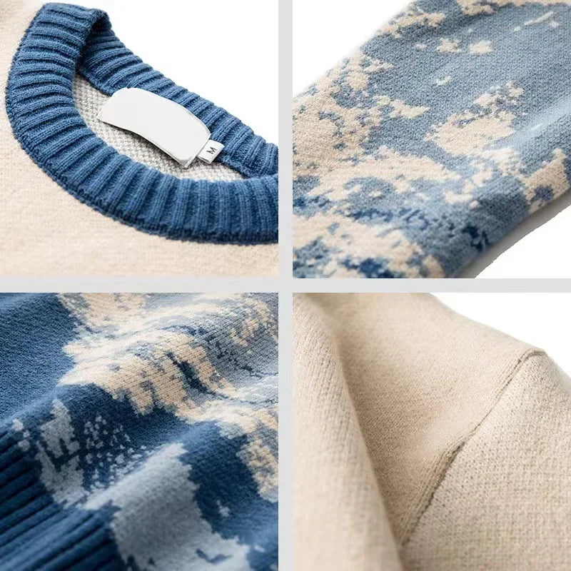 Autumn Winter Trendy Round Neck Men's Sweater Loose-fit Knitted Top Long Sleeve Jacket Casual Scene Snow Mountain System