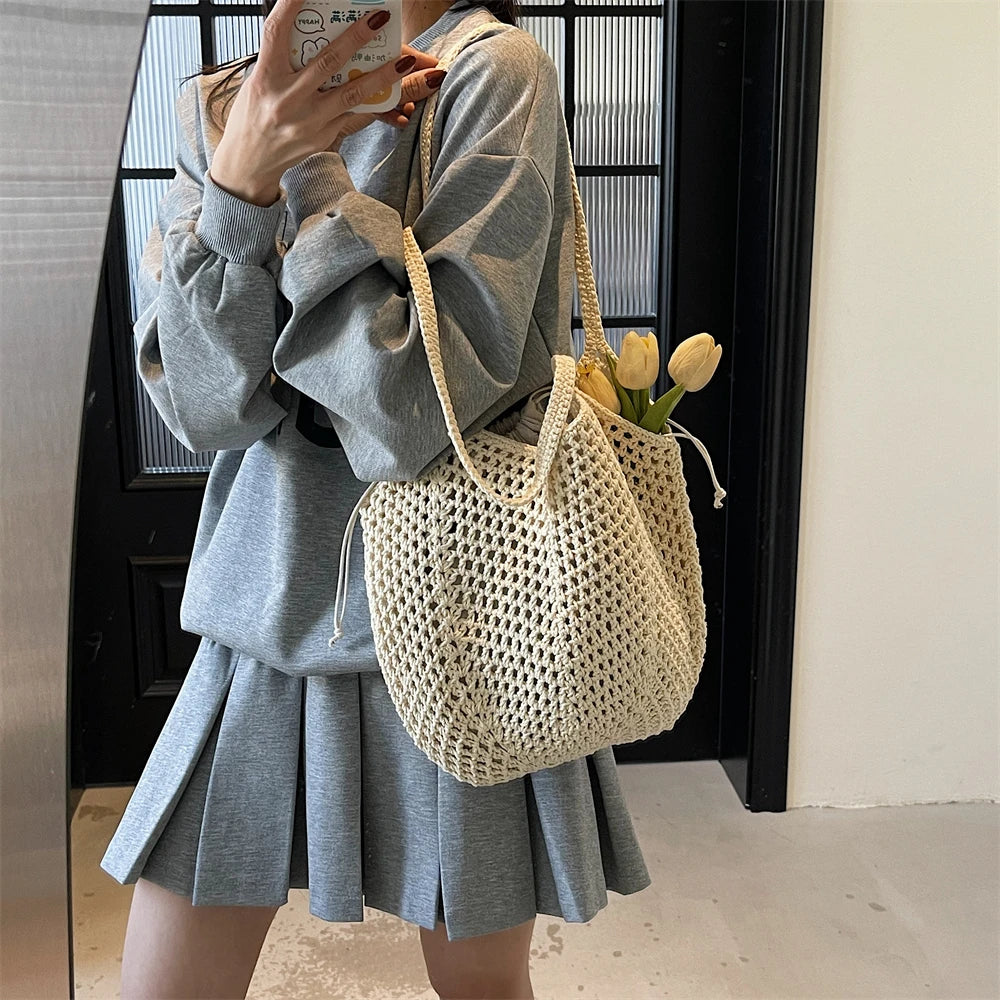 2025 Latest Summer Beach Straw Woven Tote Bag For Women 2-IN-1 Hollow-out Lightweight Large Capacity Shopper Shoulder Bag Female