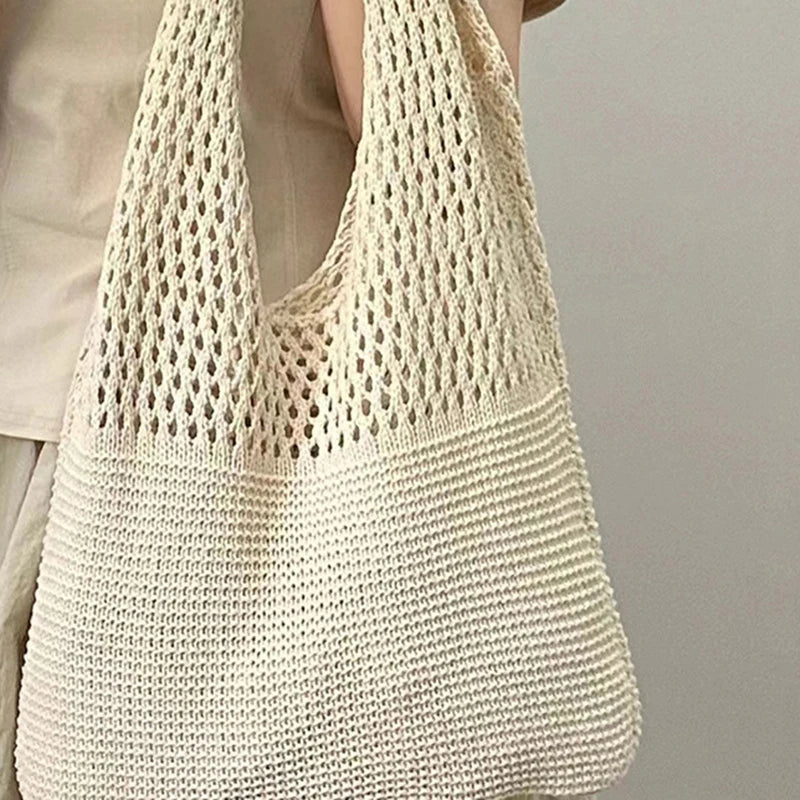 New Trend Women's Bag Crochet Handbag Retro Knitted Braid Solid Color Hollow Black Khaki Top-handle Tote Bag Shopper