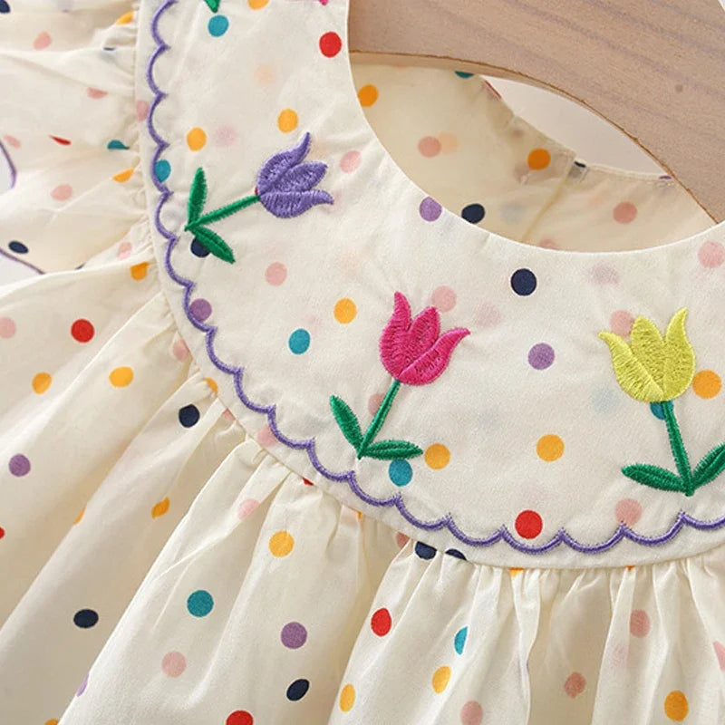 Girls Summer New Short sleeved Dress with Flower Embroidery Colorful Dot Doll Princess Neck Dress 0-3 Years Old