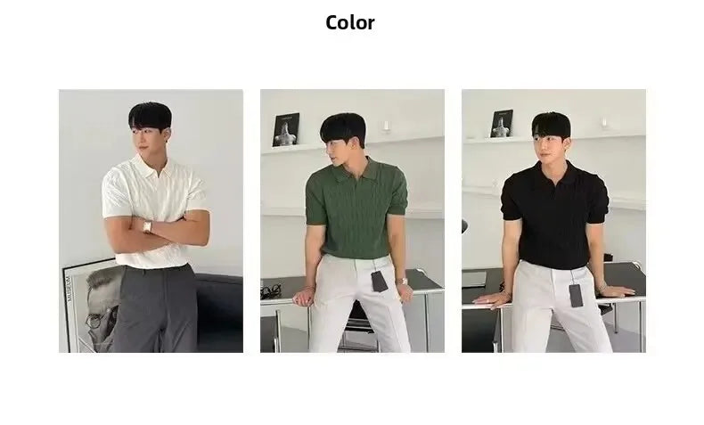 Summer New Light Maturity Knitted Polo Shirt Men's Korean Style Slim Fit Collar Pure Color Casual T-Shirt Cross-Border