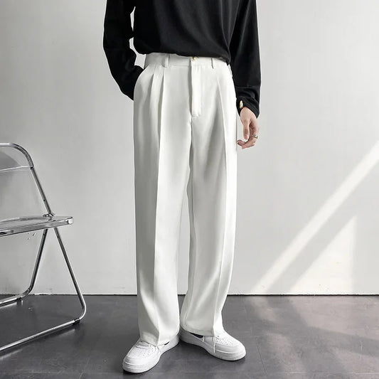 2025 New Men Straight Pants Fashion Korean Loose Suit Trousers Casual Draped Baggy White Wide Pant Male Streetwear