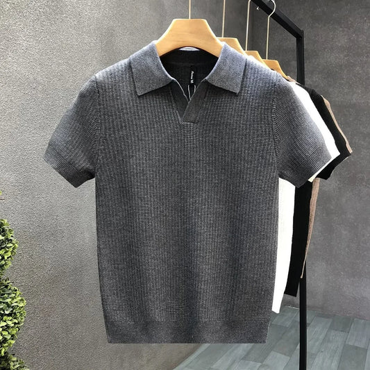 Summer Fashion Solid Color Breathable Knitted POLO Shirt Vintage Short Sleeve Men Casual Collar Top Trendy Casual Wear