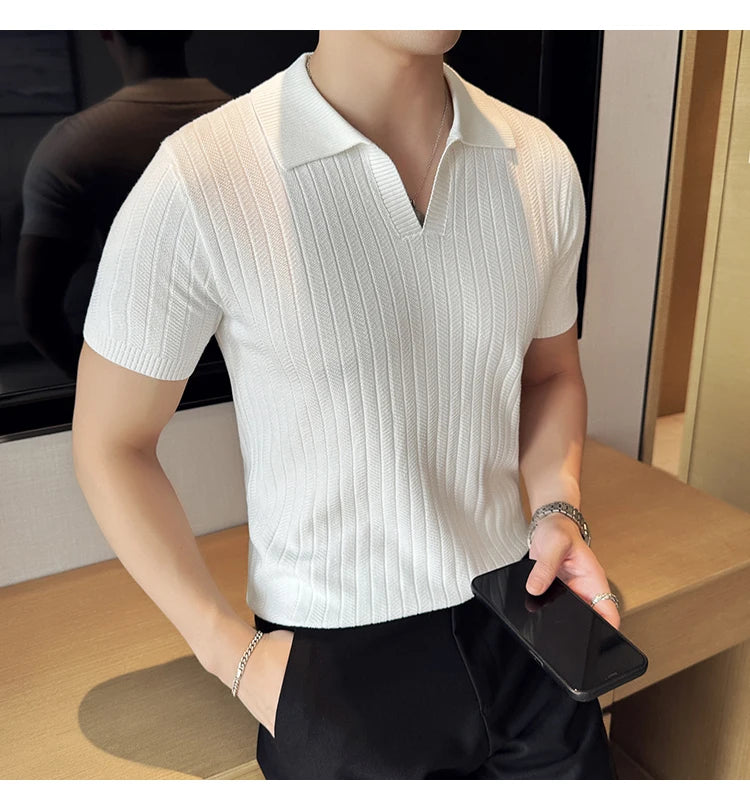 Men Striped Polo Shirt 2025 Summer Light Thin Breathable Solid Casual Elastic Slim Fit Short Sleeved V-neck T-shirt Men Clothing