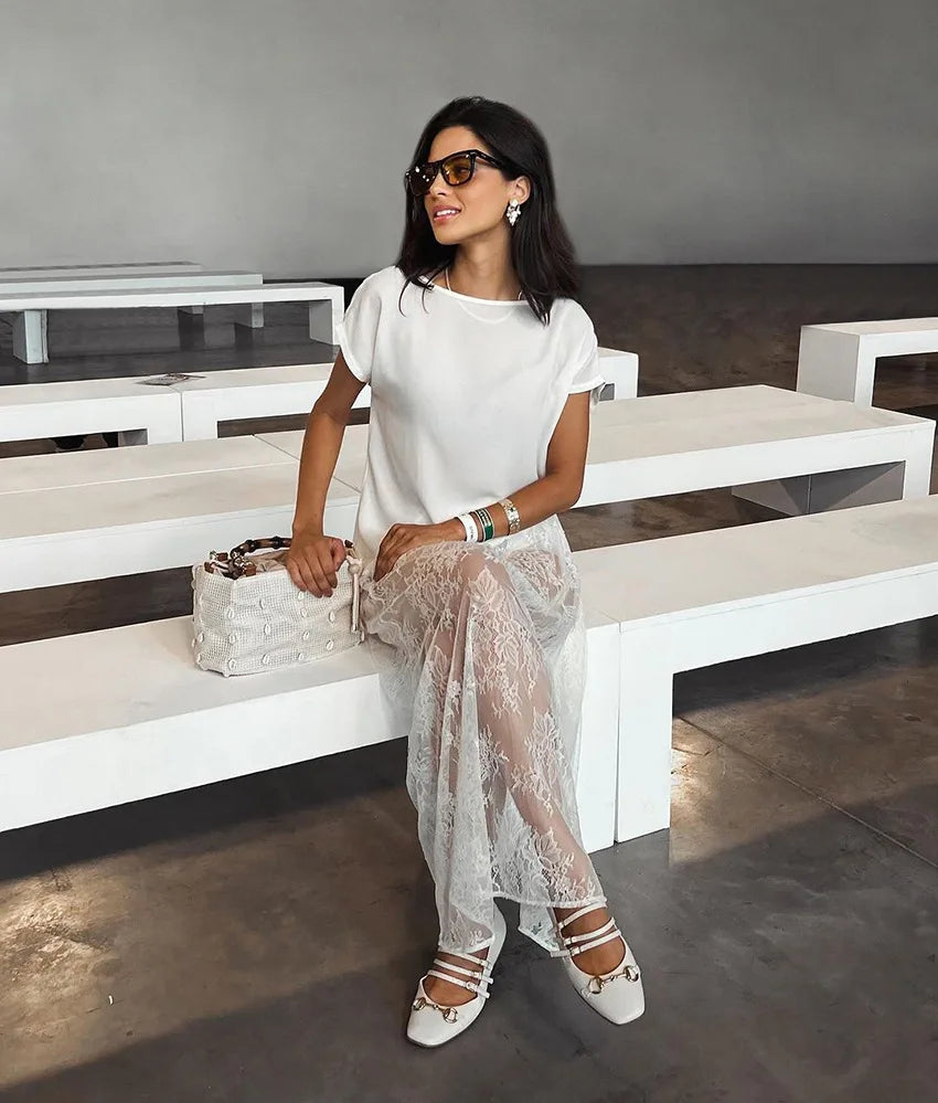 Talenza Lace See-through Skirt Women's White Floral High Waist Patchwork Skirt Lady Summer Sexy Party Elegant A-Line Long Skirt