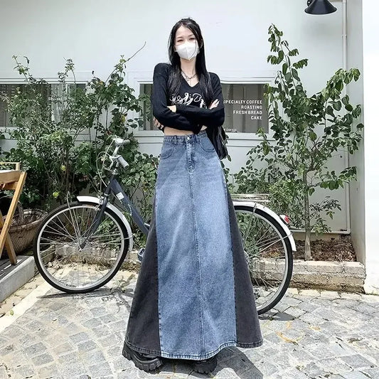 NicheDesign Slimming Color Blocking Denim Long Dress High-Waisted Skirt For Women Spring Autumn Vintage Sensibility Style
