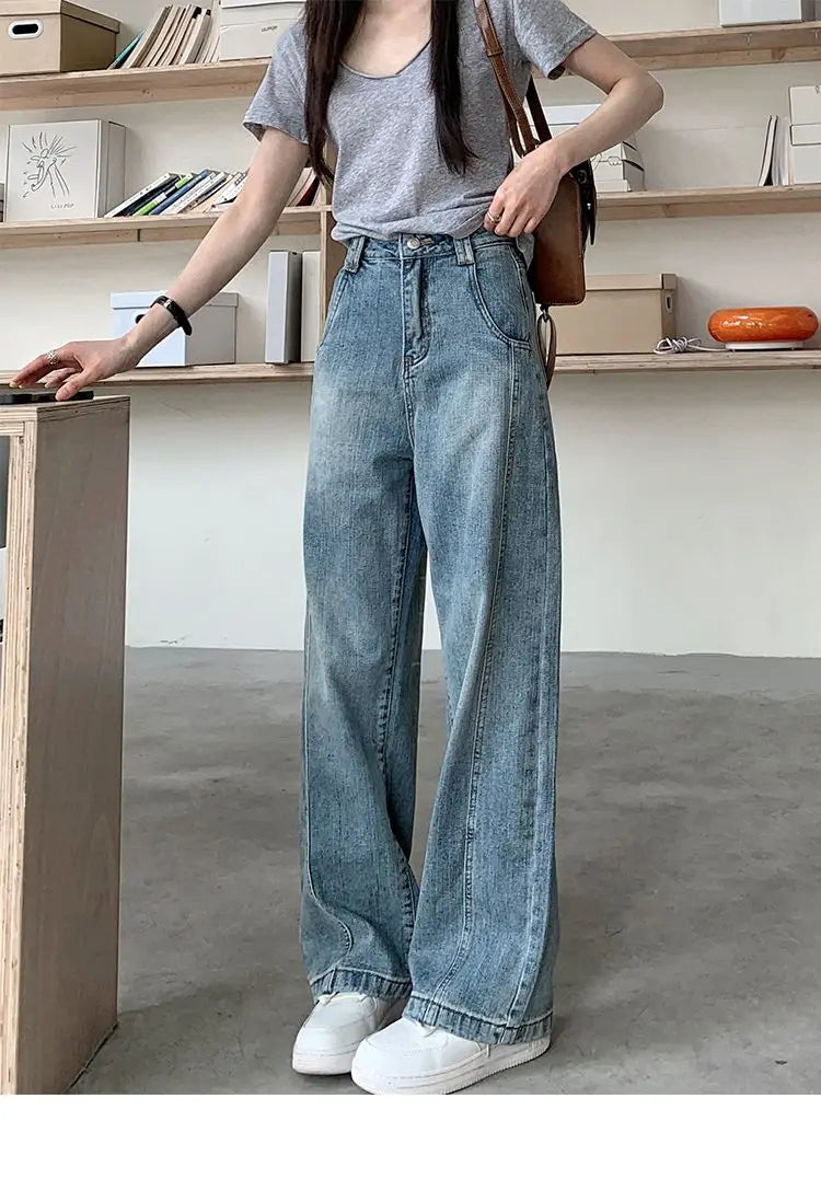 Vintage Baggy Jeans Womens' Loose-Fit Denim Pants Lightweight Bell Bottom Jean Retro Ladies' Denim Trousers Pockets Wide Pants