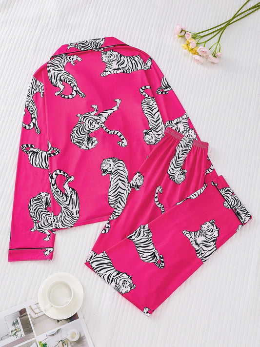 Animal tiger print pajama set for women casual button-down lapel long-sleeved top and loose trousers women's loungewear