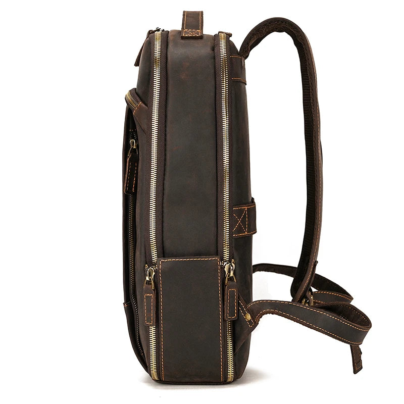 Vintage Travel Backpack leather double zipper bagpack male crazy horse leather backpack handmade leather travel bag men bag