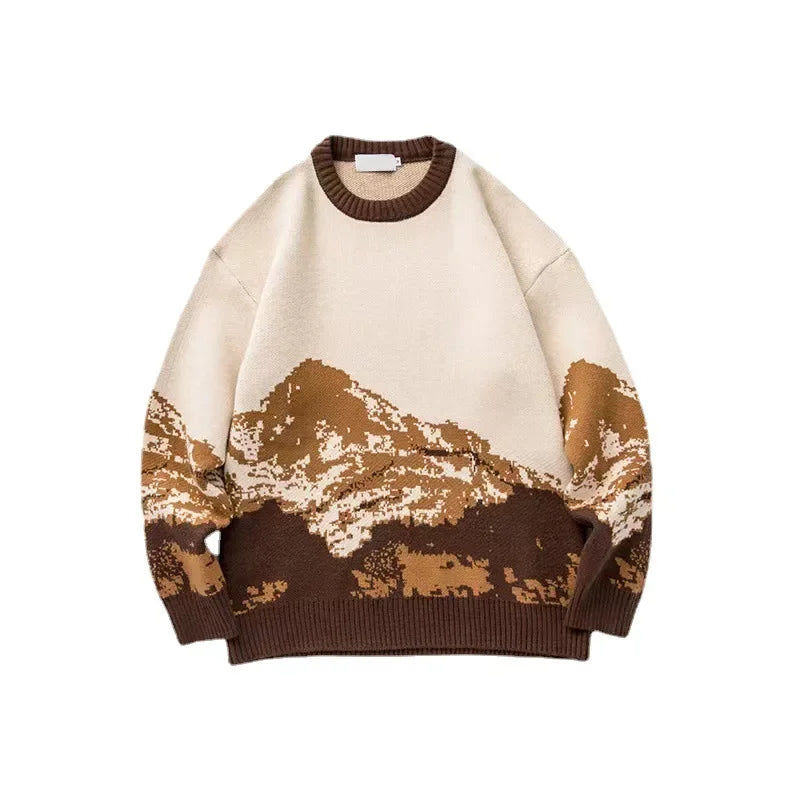 Autumn Winter Trendy Round Neck Men's Sweater Loose-fit Knitted Top Long Sleeve Jacket Casual Scene Snow Mountain System