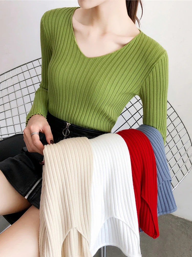 2025 V Neck Women Autumn Winter Sweaters Slim Knitted Pullovers Soft Warm Solid Jumper Female Sweater Casual Knitwear Jersey Top