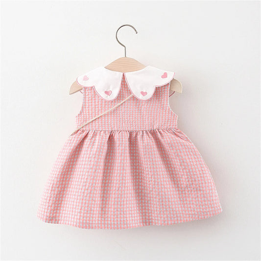 Summer Newborn 2-Piece Girl Infant Cotton Dress And Backpack Baby Embroidered Flip Collar Checkered Sleeveless Beach Dress