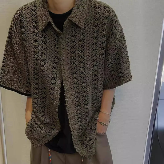 Summer American Style Vintage Distressed Versatile Military Green Knit Hollow Breathable Loose-fit Casual Short Sleeve Shirt Men