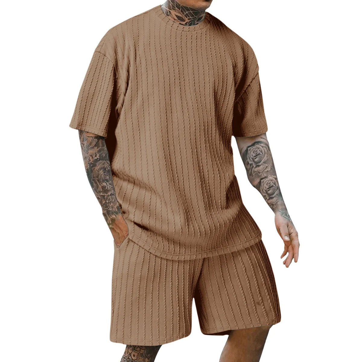 Men's new fashion summer sports solid color crew-neck vertical stripe T-shirt shorts short-sleeved suit Loose two-piece set