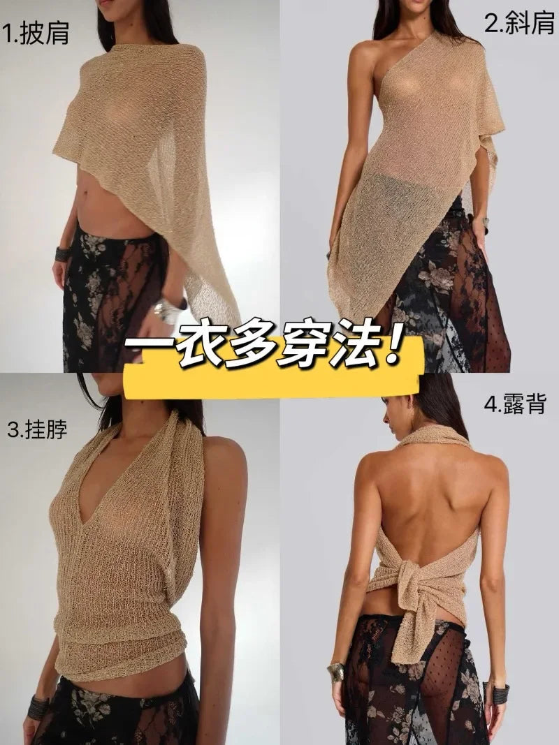 Glitter Knitted One Piece Top Women Fashion Halter Shawl Multi-wear Holiday Cape Beach Tank 2025 Summer Casual Cover Ups