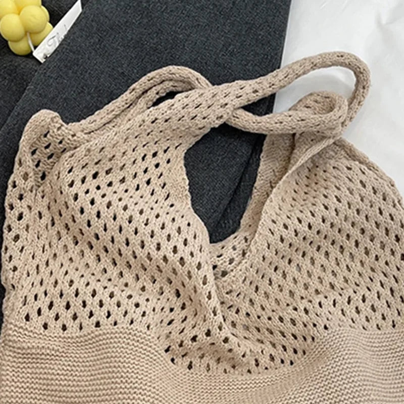 New Trend Women's Bag Crochet Handbag Retro Knitted Braid Solid Color Hollow Black Khaki Top-handle Tote Bag Shopper
