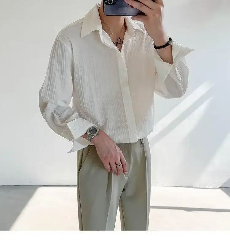 Trendy Stylish Striped No-iron Shirt Autumn Texture Top Korean Version Loose-fit Casual Long Sleeves Shirt For Men