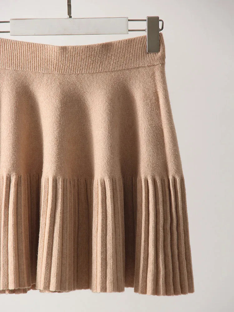 Knitted Pleated School Skirt Women Spring Winter Sexy A-line Women's Skirt Solid Casual High Waist Short Skirts For Woman Black