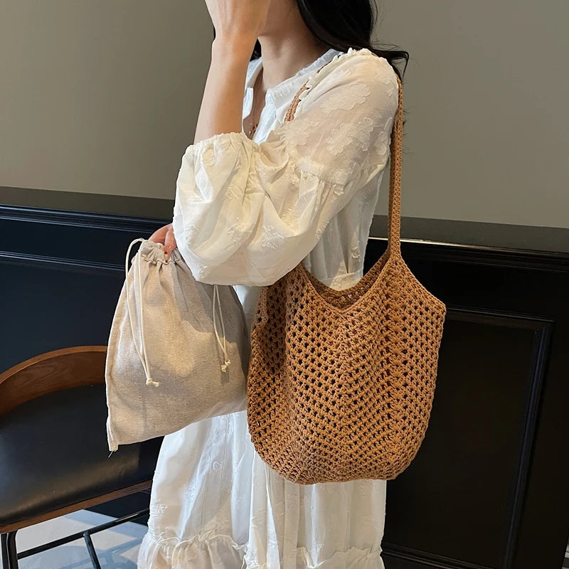 2025 Latest Summer Beach Straw Woven Tote Bag For Women 2-IN-1 Hollow-out Lightweight Large Capacity Shopper Shoulder Bag Female